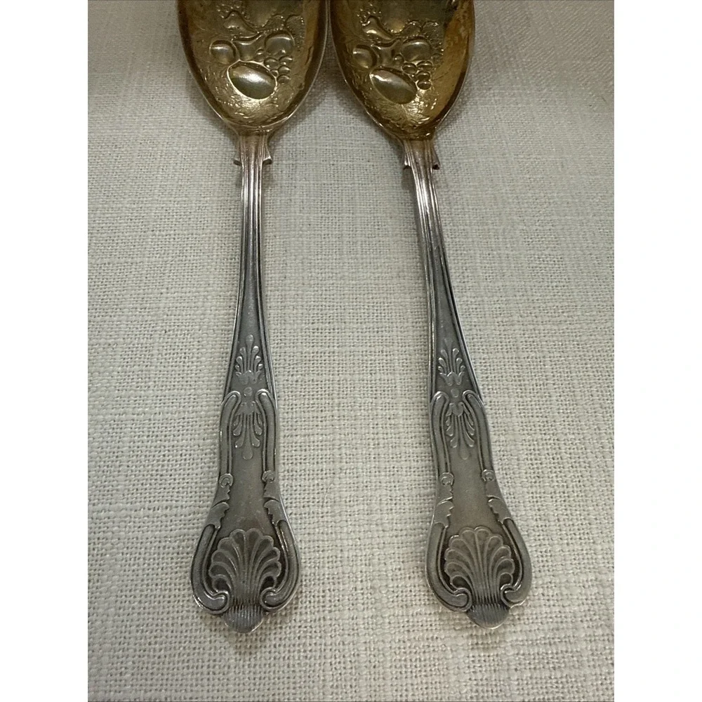 Sheffield England Embossed Fruits Silver and‎ Gold Plated Serving Spoons 8 1/2